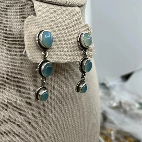 Navajo-Inspired Sterling Silver & Blue Chalcedony Drop Earrings - Picture 4 of 8